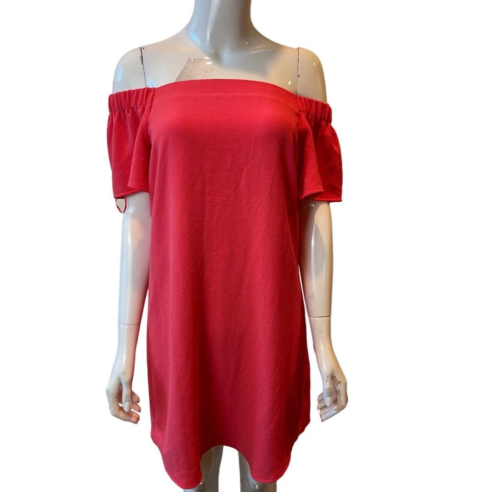 Suzy Shier Womens Off Shoulder Shift Mini Dress Short Sleeve Red Size X Small